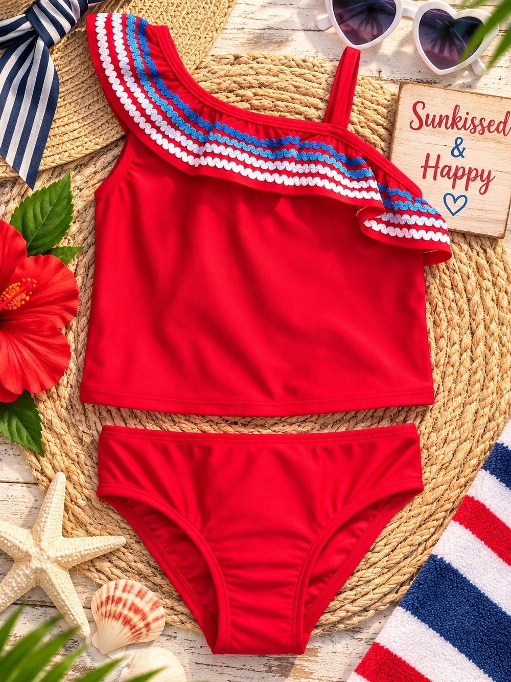 NWT Wonder Nation Brilliant Red Embroidered Ruffle 2-Piece Swimsuit 2T